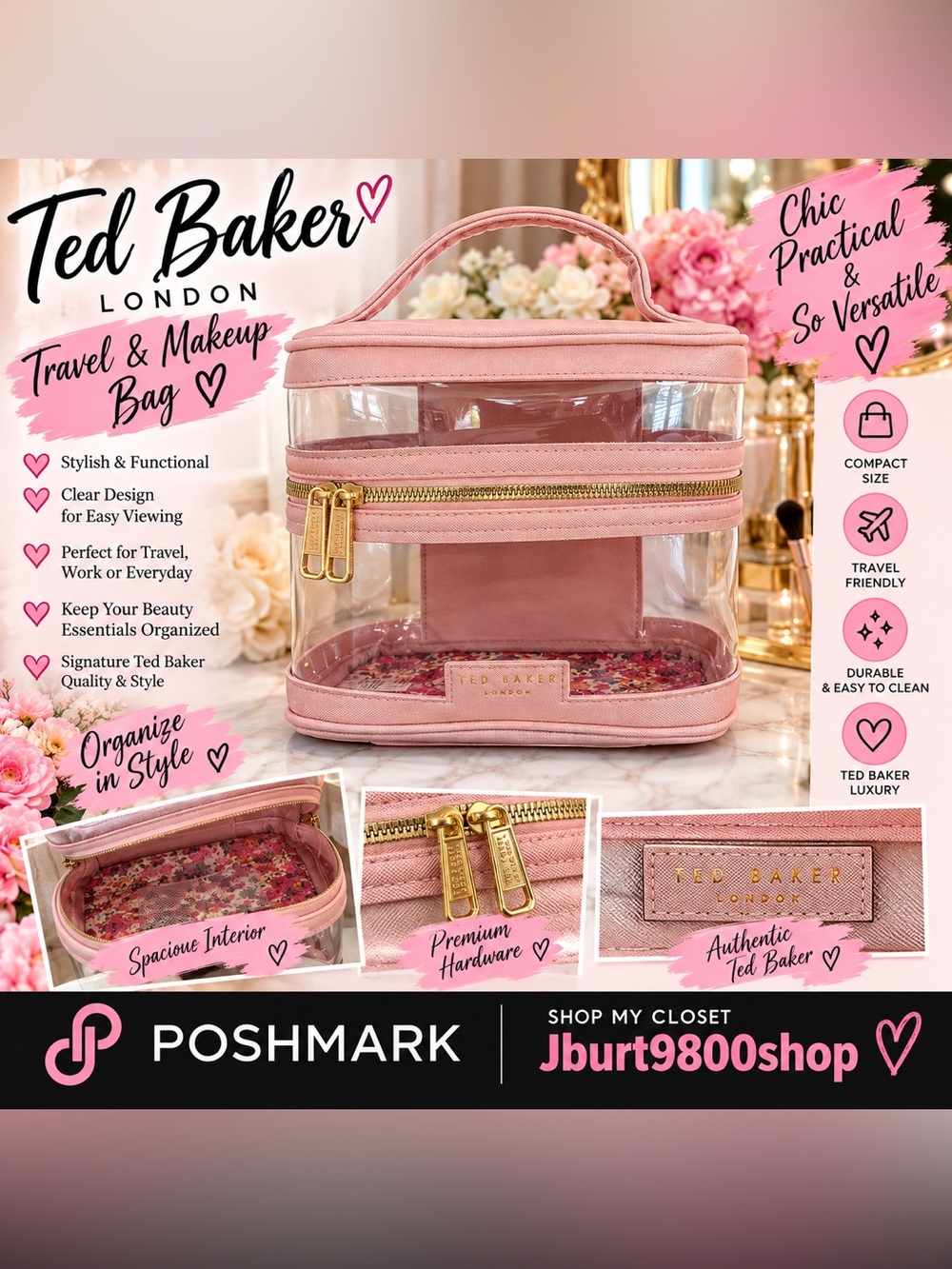 Ted Baker Pink Clear Cosmetic Case with Gold Zipper